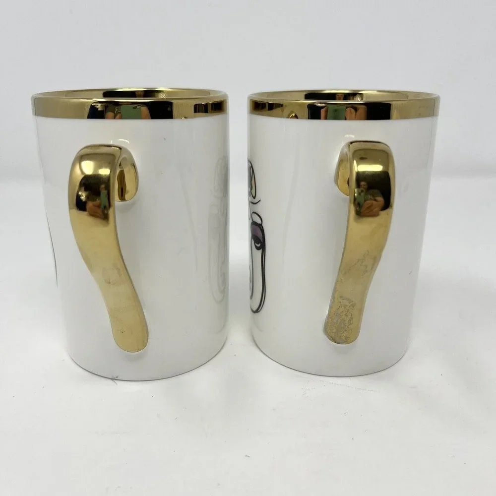 Picasso Style Line Drawing Face Coffee‎ Cup Set of 2 Gold Accent 4